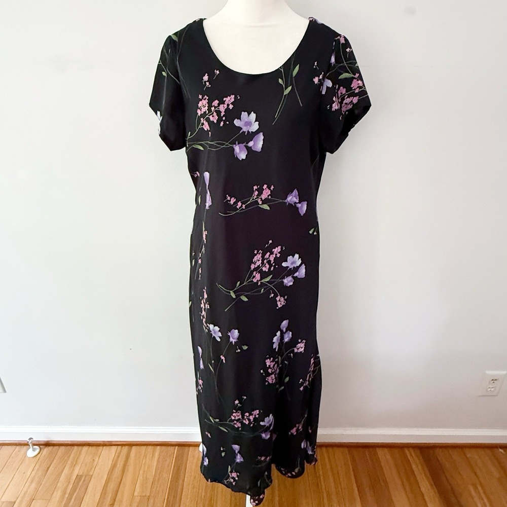Vintage Dress Women Medium Black Floral Maxi Goth Grunge Whimsigoth Dark Romance